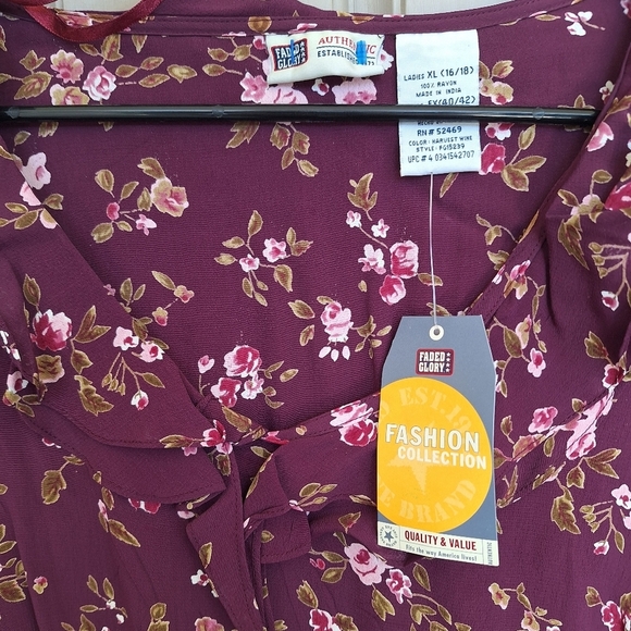 Plus Sz16/18 New Tags Faded Glory Blouse BOHO Maroon Floral Ruffle Scoop Neck - Picture 3 of 13